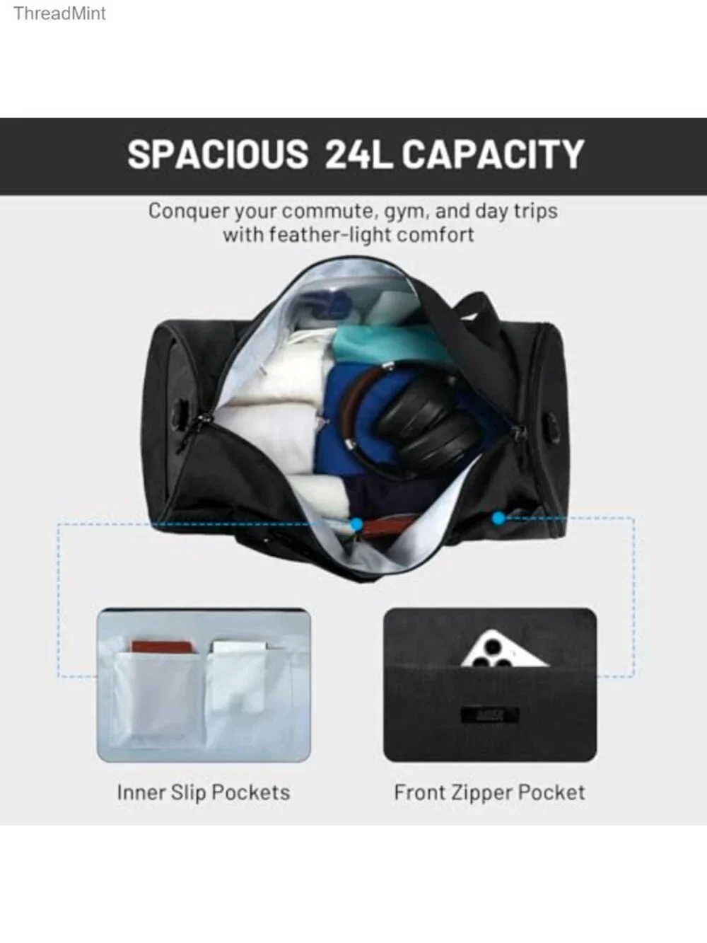 24L Nylon Duffle Bag with Shoe Compartment & Wet Pocket